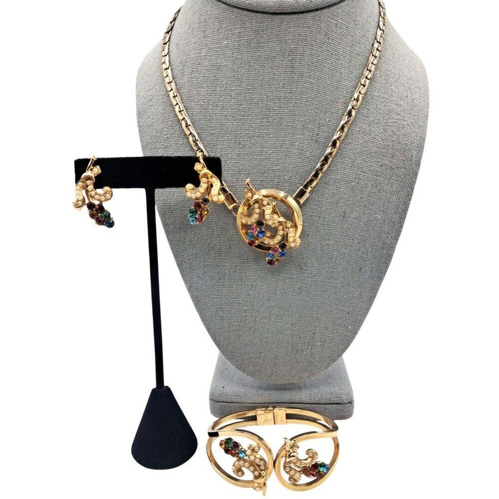Vintage Rhinestone Jewelry Set Necklace Bracelet Earrings Gold Tone Imitation Pe
